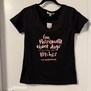 BNWT Vanderpump Dogs Black V-neck T-Shirt with Pink Graphic Text, size S
